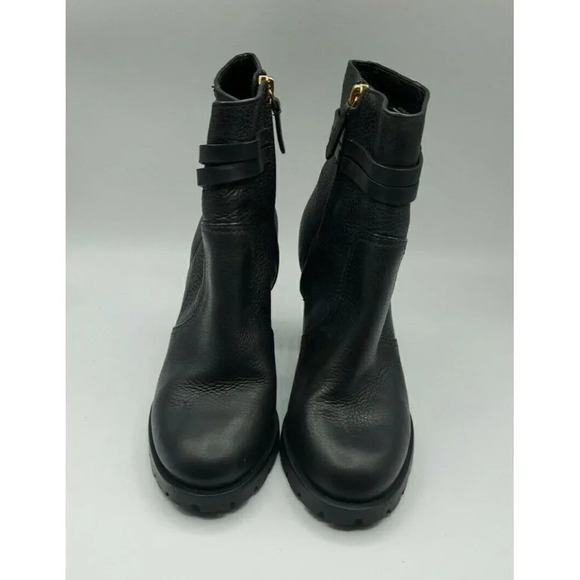 Tory Burch Leigh Black Leather Lug Sole With Logo Boots River Rock SZ 7.5   NWOB - Picture 3 of 13